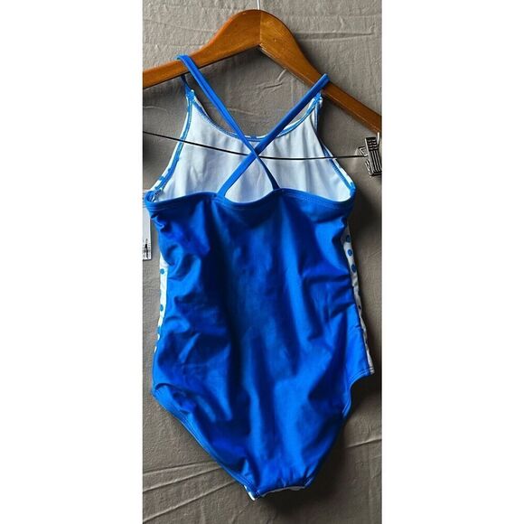 Cat & Jack One Piece Swimsuit Girls Size M Blue Beach Palm Trees Crossback - Picture 2 of 3